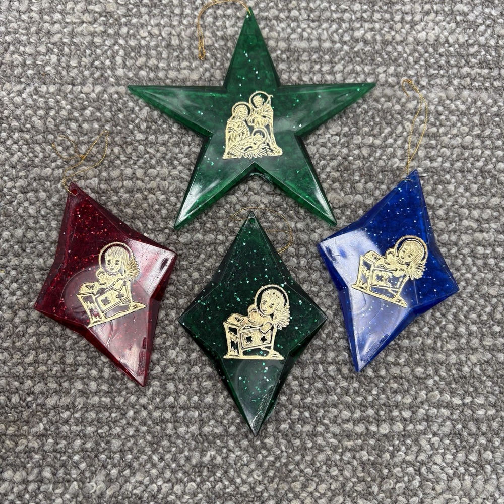 Star Acrylic Ornaments Glitter Nativity Scene Embossed‎ RARE FIND Set Of 4